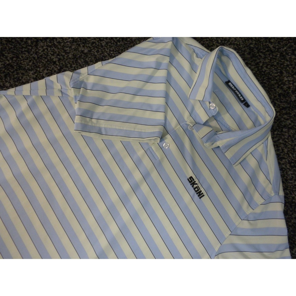 Skoni Polo Shirt Mens L Blue Yellow Striped‎ Short Sleeve Golf Performance